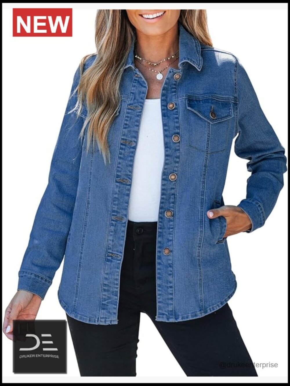 Oversized Denim Jacket with Pockets - Western Shacket